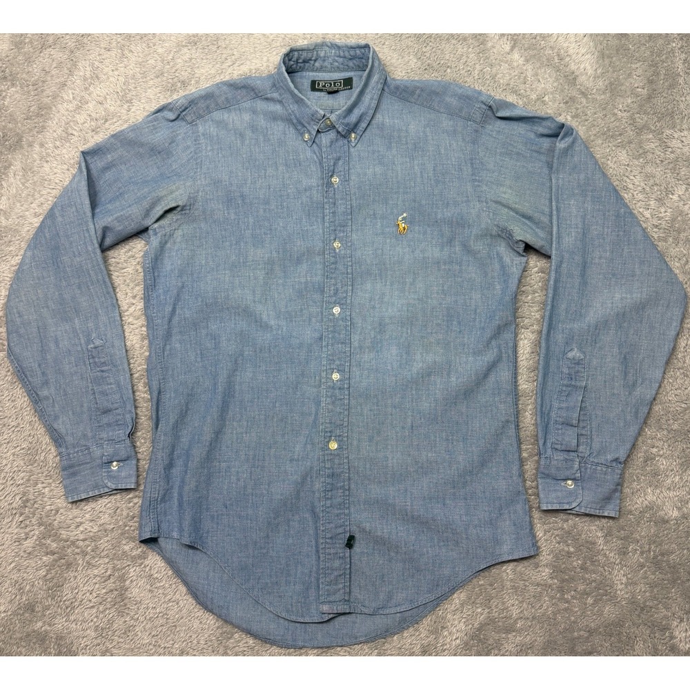 Vintage Polo Ralph Lauren Button Down Shirt Womens M Blue Chambray Pony 80s READ - Picture 1 of 12